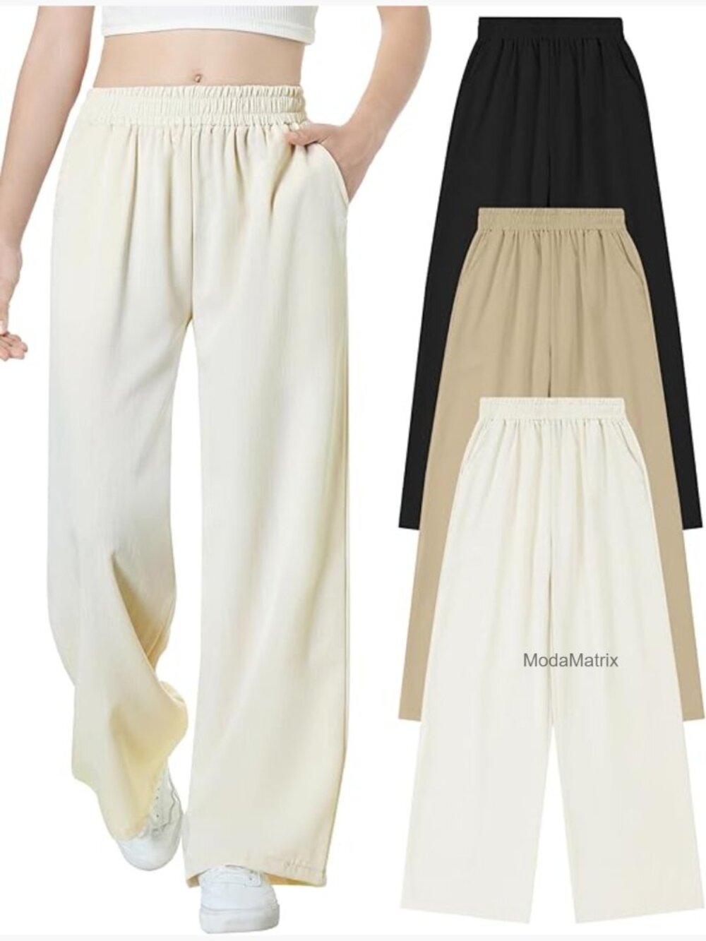 3 Pack Girls Linen Wide Leg Pants Flowy Trousers Casual Beach Vacation